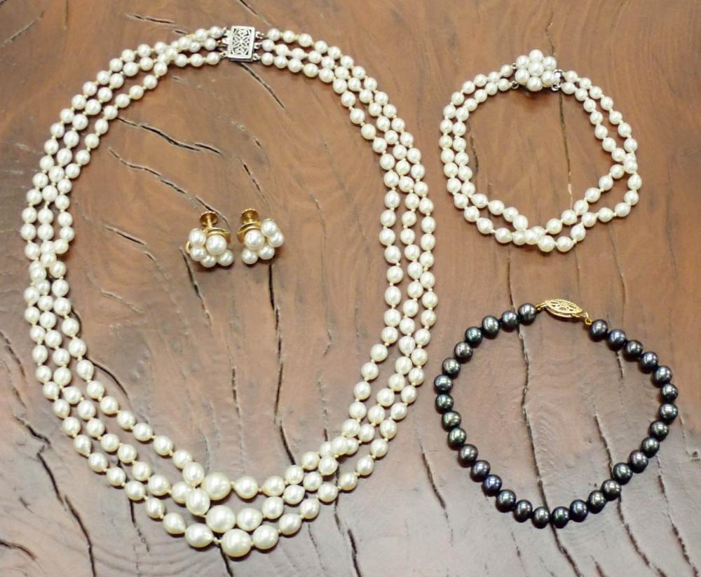 Appraisal: FIVE ARTICLES OF PEARL AND GOLD JEWELRY including a triple