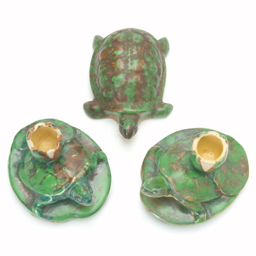 Appraisal: WELLER Three Coppertone pieces a pair of turtle candlestick holders