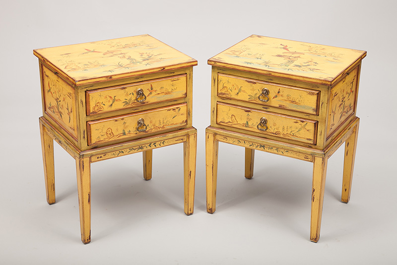 Appraisal: Pair of Asian-Inspired Yellow Painted Two-Drawer Side Tables With pull-out