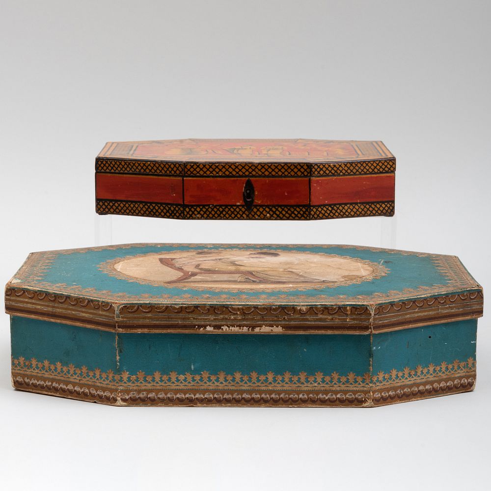 Appraisal: English Polychrome Painted Box and a Decoupage Cut Paper Box