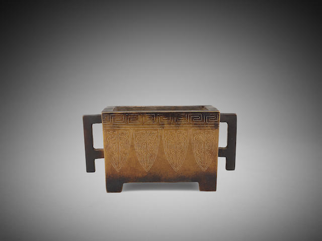 Appraisal: A Chinese square bronze censer with silver inlays Three-character embossed