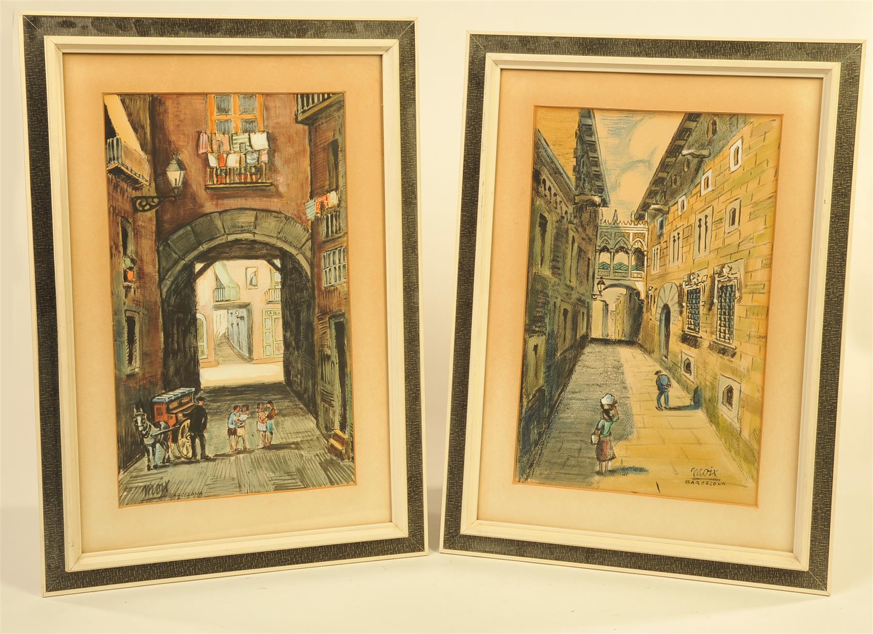 Appraisal: TWO FRAMED WATERCOLORS OF STREET SCENES SIGNED MOIX European mid