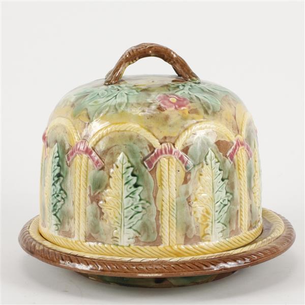 Appraisal: English Majolica Cheese Dome Green Pink x