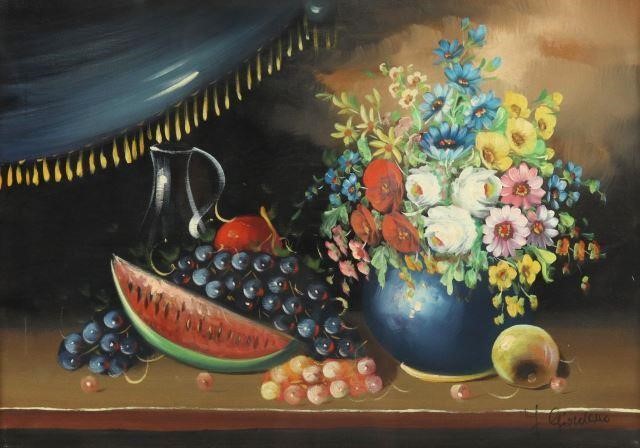 Appraisal: Framed oil on canvas painting Still Life with Fruit and