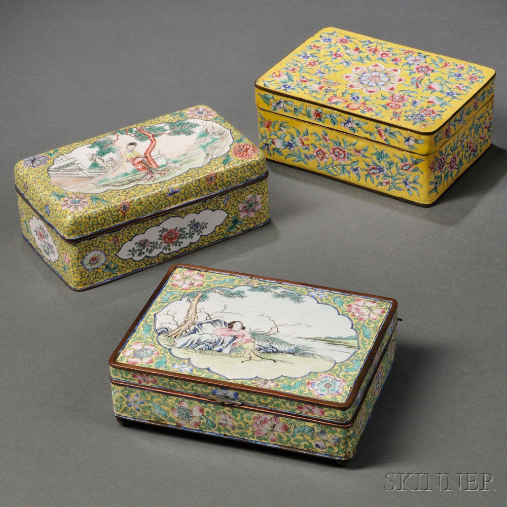 Appraisal: Three Canton Enamel Covered Boxes China th th century all