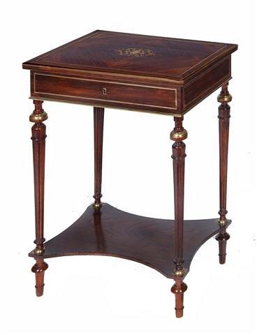 Appraisal: A FRENCH ROSEWOOD AND BRASS INLAID WORK TABLE the interior