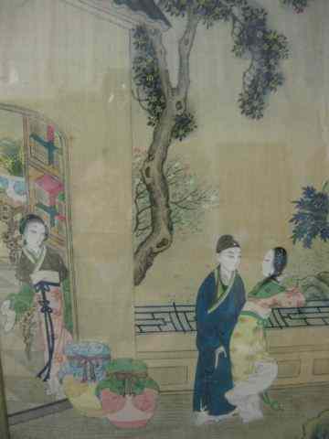 Appraisal: Chinese Painting on Silk couple in gardenwhile mother watches from