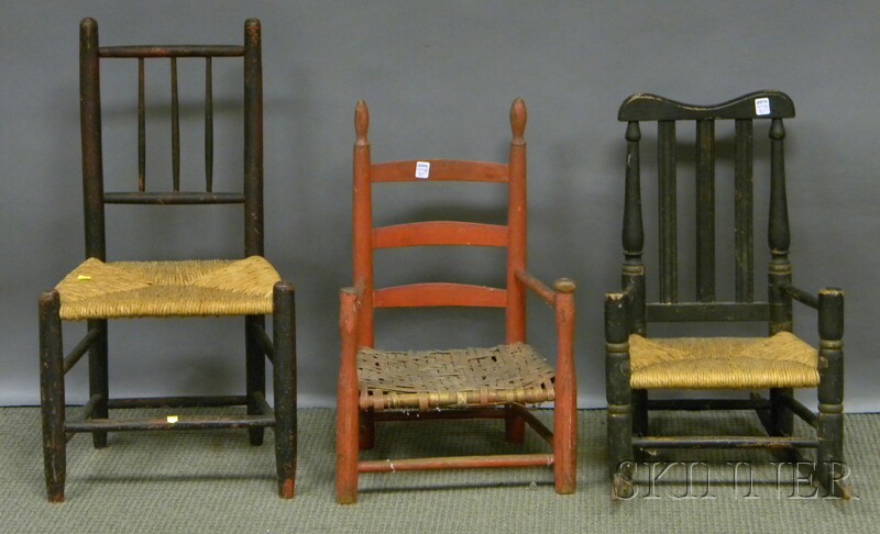 Appraisal: Three Child's Chairs a red-painted slat-back armchair with splint seat