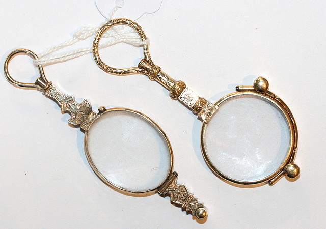 Appraisal: TWO PAIRS OF GILT METAL LORGNETTES with handles one with