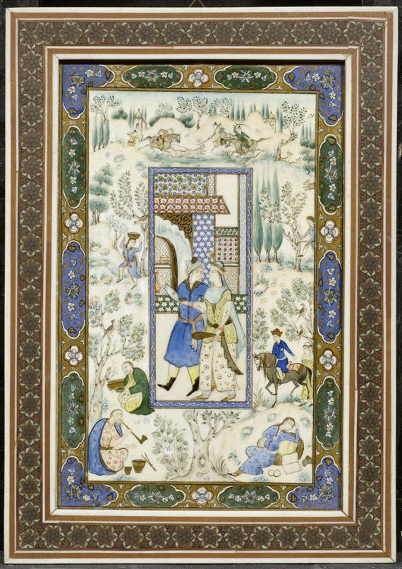 Appraisal: THREE PERSIAN MINIATURES Persia x to x cm Court scenes