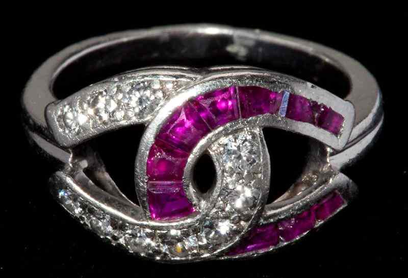 Appraisal: Art Deco Platinum Ruby and Diamond Ringdesigned as two intertwining