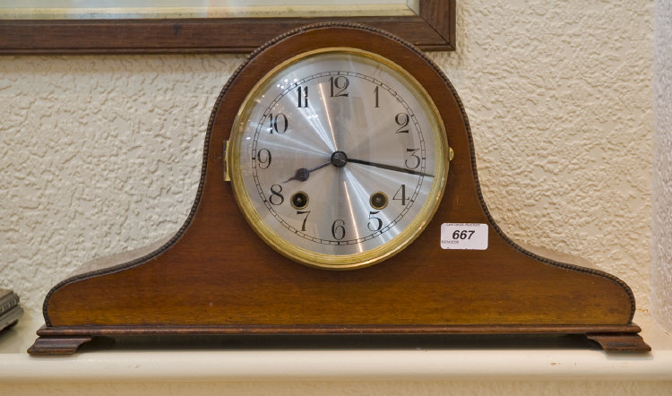 Appraisal: Mahogany Cased Mantle Clock Silvered Dial With Arabic Numerals