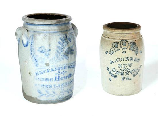 Appraisal: TWO STONEWARE CROCKS Includes a three-gallon crock marked Excelsior Works