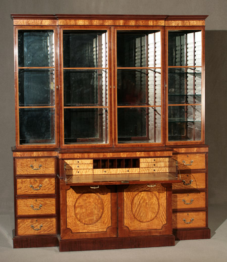 Appraisal: George III Style Satinwood and Mahogany Breakfront Secr taire-Bookcase Locks