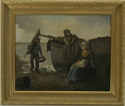 Appraisal: French School Coastal Scene with Figures Oil on canvas laid