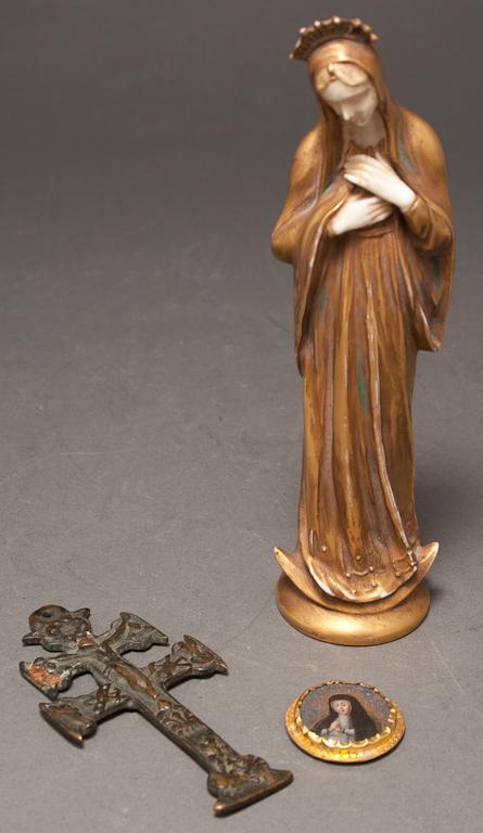 Appraisal: German porcelain Madonna figure bronze crucifix and devotional relic Madonna