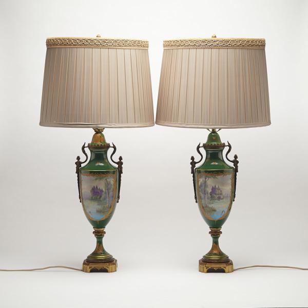 Appraisal: Pair of S vres Green-Ground Urn-Form Table Lamps th century