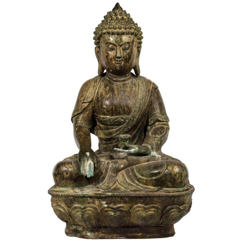 Appraisal: ASIAN BRONZE SEATED BUDDHAChinese or Northern Thai Lanna style robed