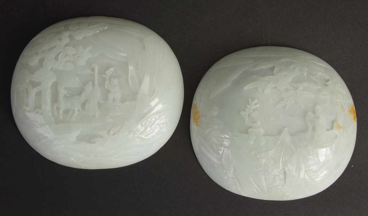 Appraisal: Chinese Carved White Jade Plaques Scenes of scholars deer etc