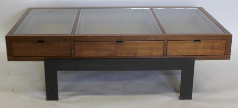 Appraisal: Walnut Vitrine Style Glass Coffee Table Metal Base three drawers