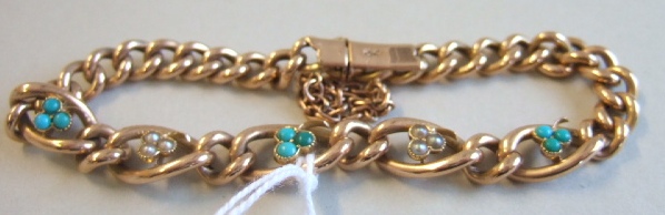 Appraisal: A gold turquoise and seed pearl bracelet the front mounted