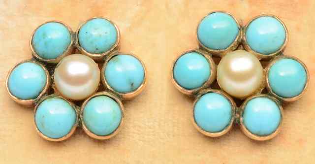 Appraisal: A PAIR OF PEARL AND TURQUOISE SET EAR STUDS in