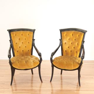 Appraisal: Pair Victorian style ebonized open armchairs Pair Victorian style ebonized