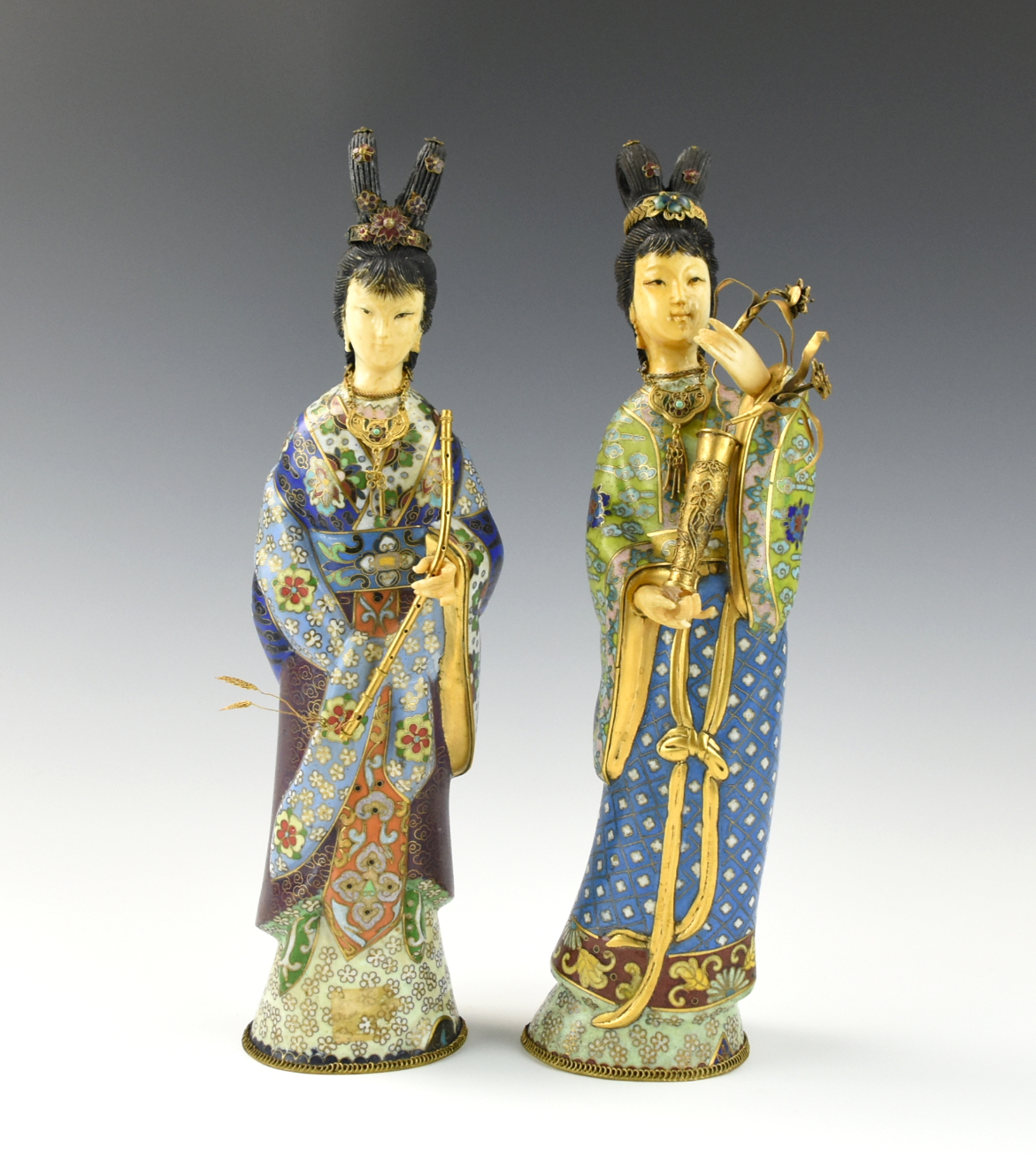 Appraisal: TWO CHINESE CLOISONNE BONE CARVING FIGURES ROC P Chinese ROC