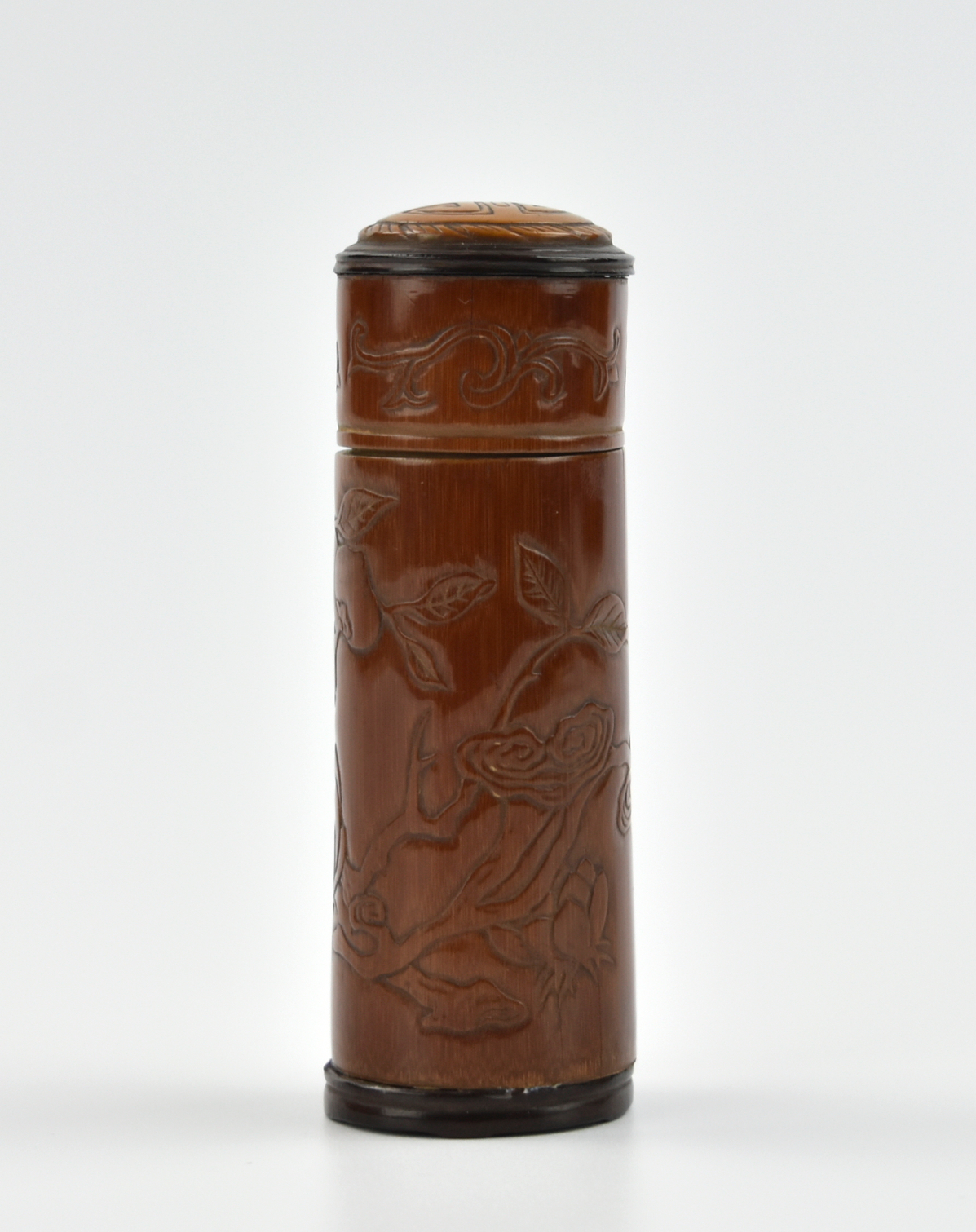 Appraisal: Chinese th C bamboo incense container carved with blossom flowering