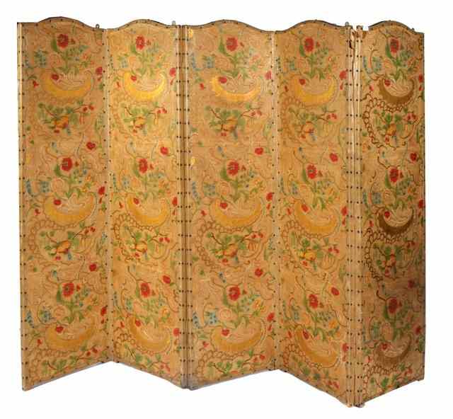 Appraisal: A LEATHER PAINTED FIVE FOLD DRAFT SCREEN with all over