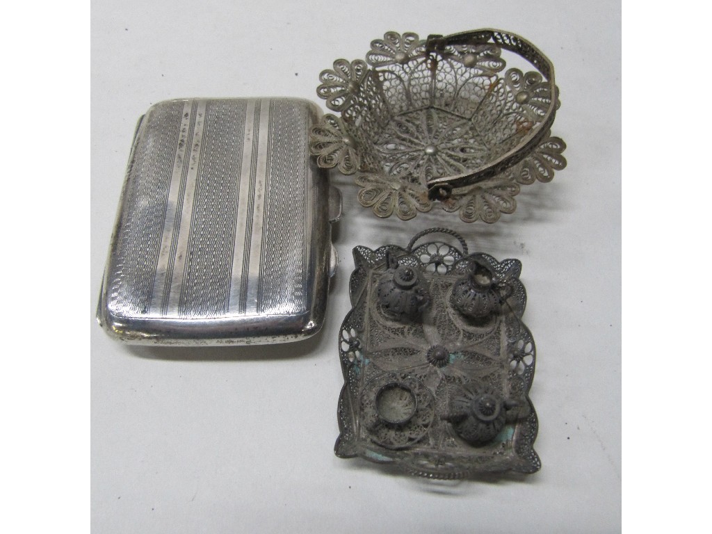 Appraisal: Lot comprising silver cigarette case a miniature filigree tea service