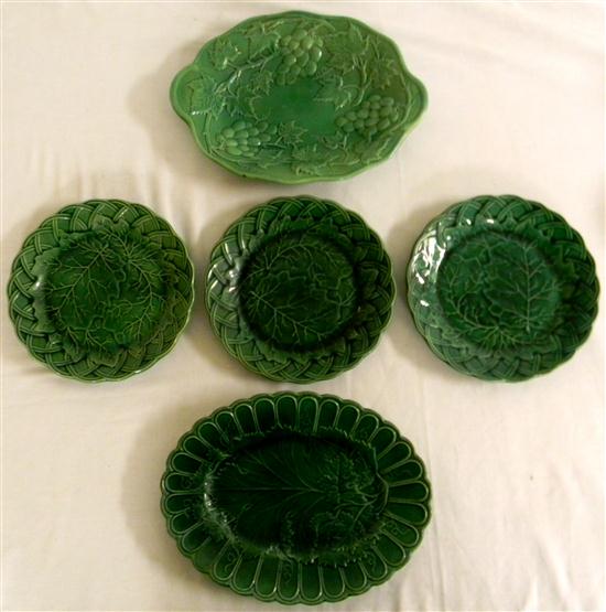 Appraisal: Green Majolica three matching plates with scalloped basket design edge