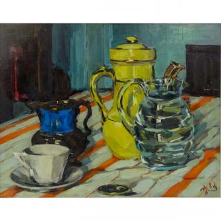 Appraisal: French School th Century Still Life Tableware Oil on Panel