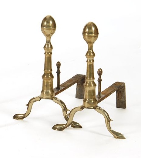 Appraisal: PAIR OF ANTIQUE AMERICAN BRASS LEMON-TOP ANDIRONS Circa Height