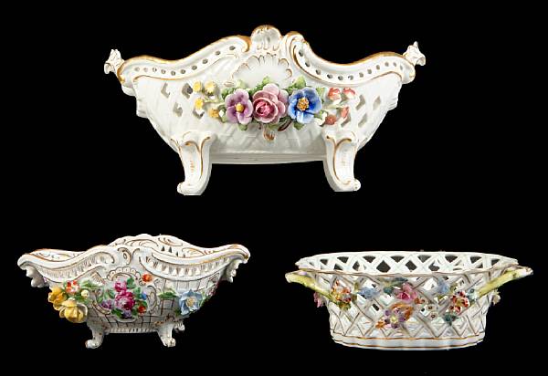 Appraisal: A group of three Dresden porcelain basket form table articles