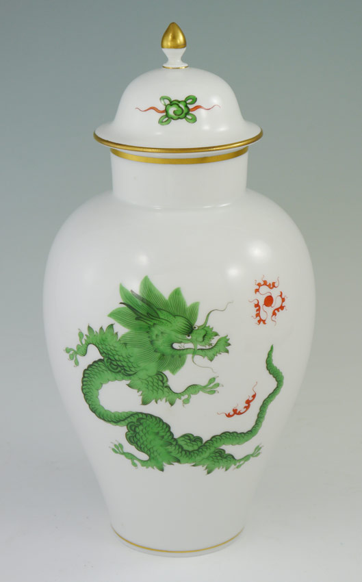 Appraisal: MEISSEN DRAGON COVERED JAR Green dragon motif crossed swords mark