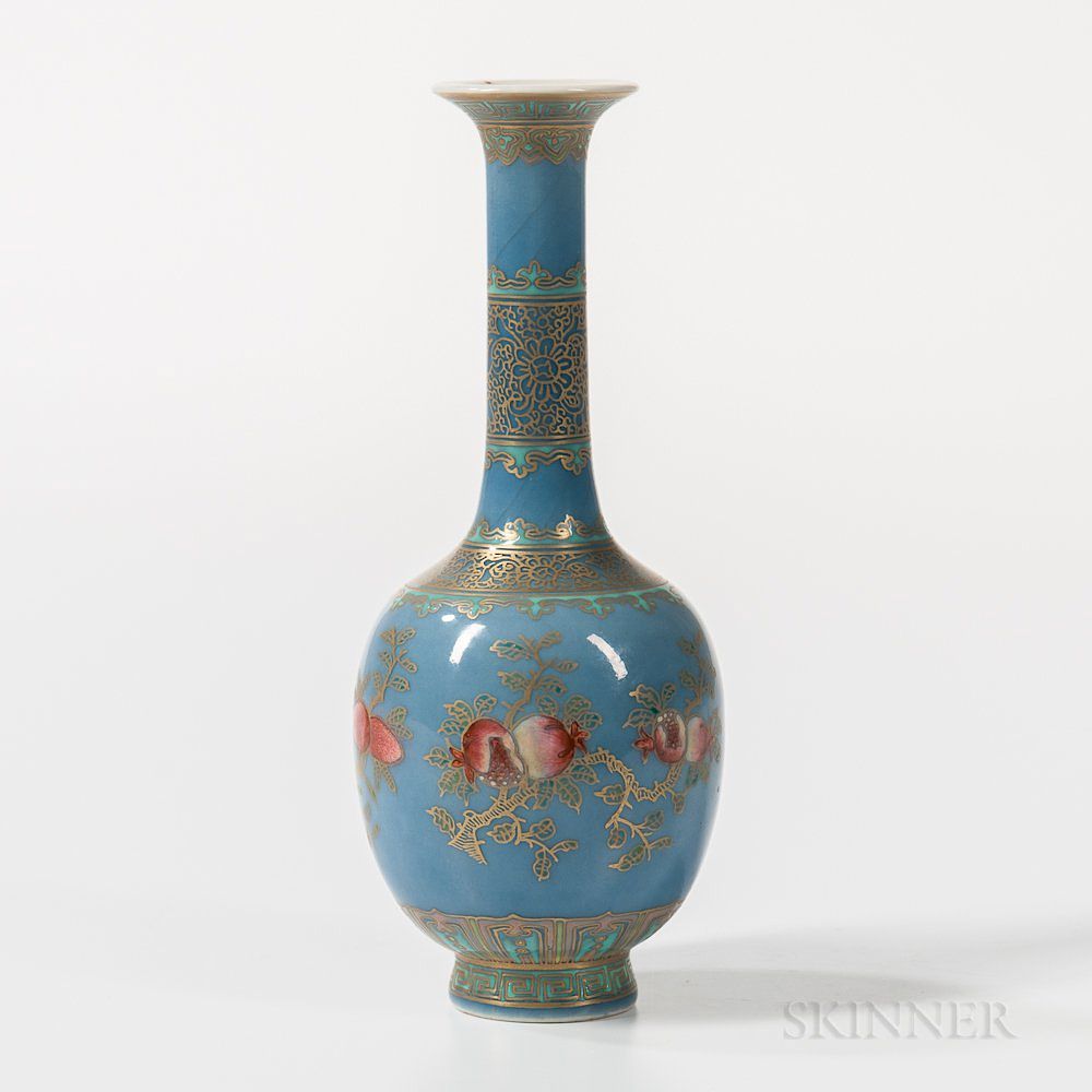 Appraisal: Gilt Enameled Sky Blue-glazed Bottle Vase Gilt Enameled Sky Blue-glazed