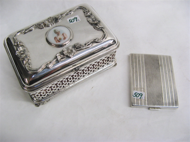 Appraisal: SILVER PLATED JEWELRY BOX AND SILVER CARD CASE pieces The