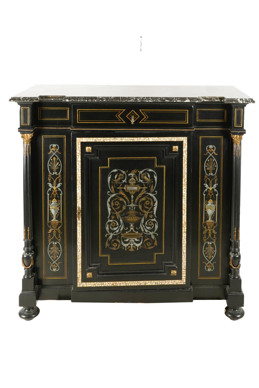 Appraisal: MARBLE-TOP INLAID EBONIZED CABINETcontemporary inlaid with metal and shell having