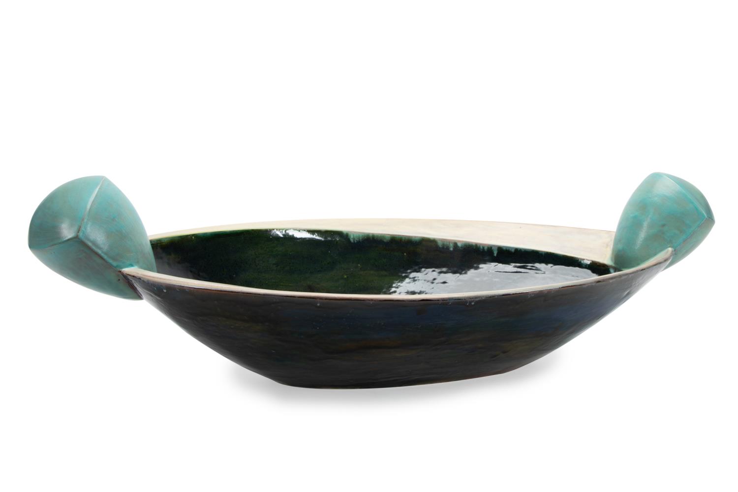 Appraisal: MODERN GREEN GLAZED ART POTTERY BOAT FORM BOWL Matt Kelleher