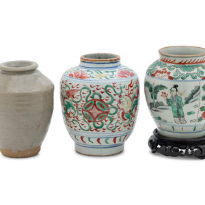 Appraisal: Four Chinese Porcelain Articles comprising two Wucai jars a celadon