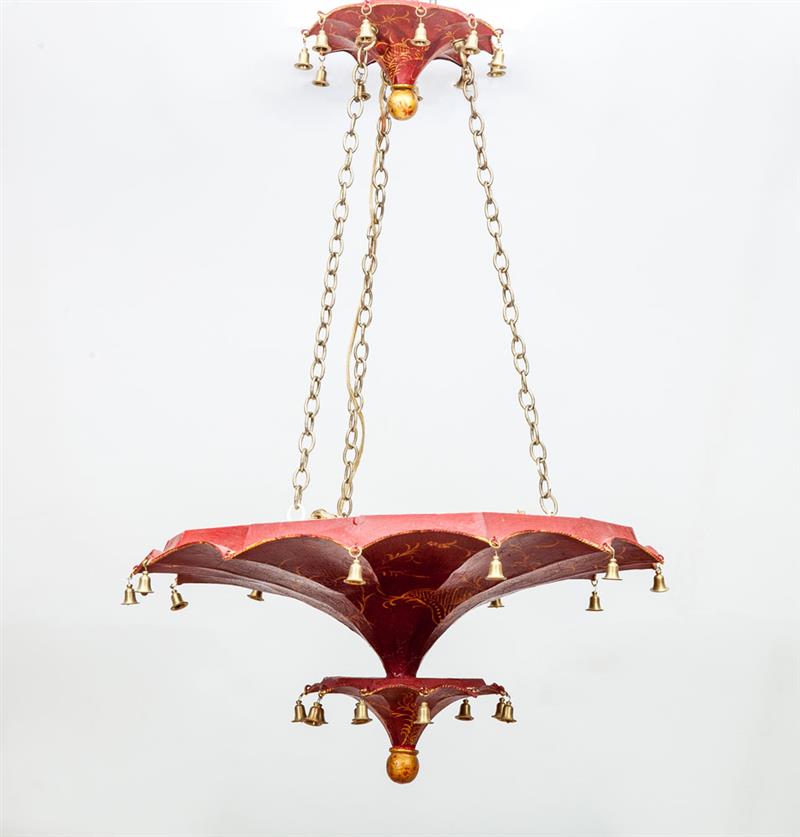 Appraisal: Red Painted and Parcel-Gilt Chinoiserie Pagoda-Shaped Chandelier x x in