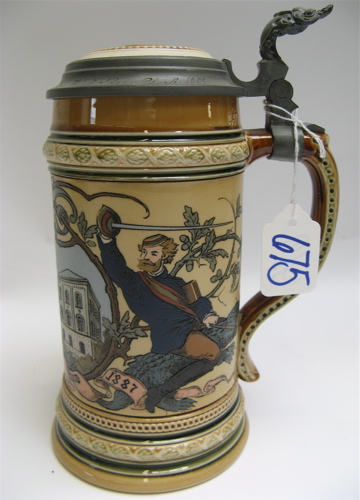 Appraisal: METTLACH GERMAN BEER STEIN no liter etched with scene of