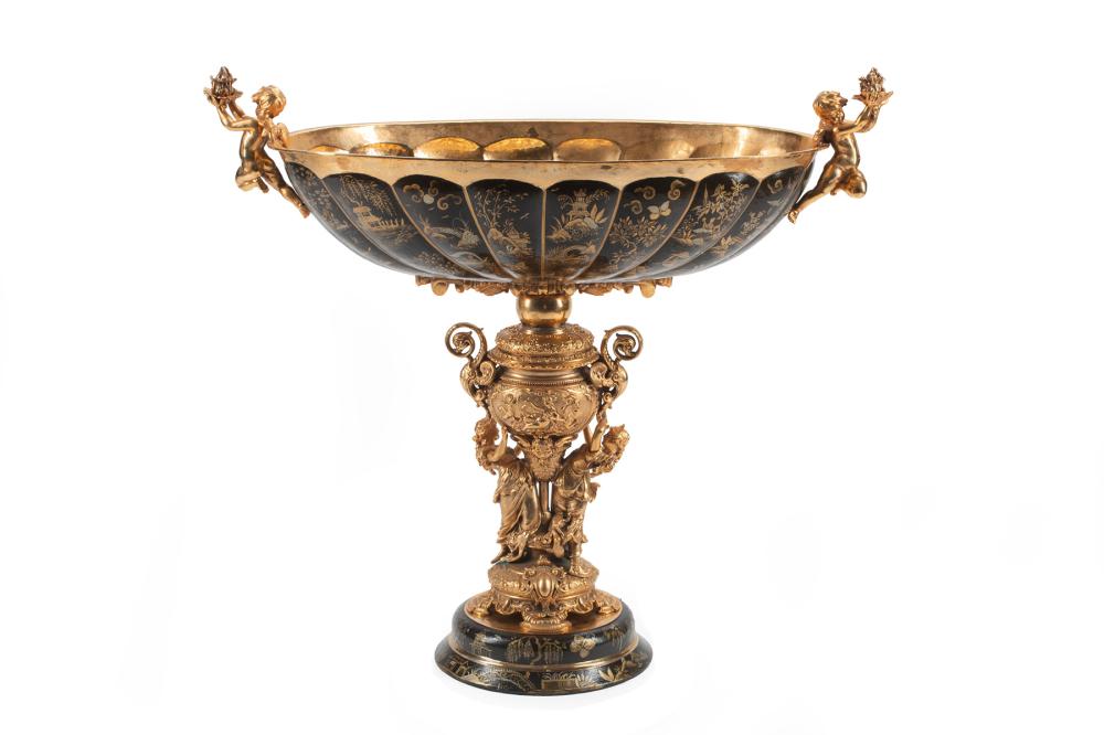 Appraisal: Monumental Louis XV-Style Gilt Bronze and Chinoiserie Centerpiece lobed bowl