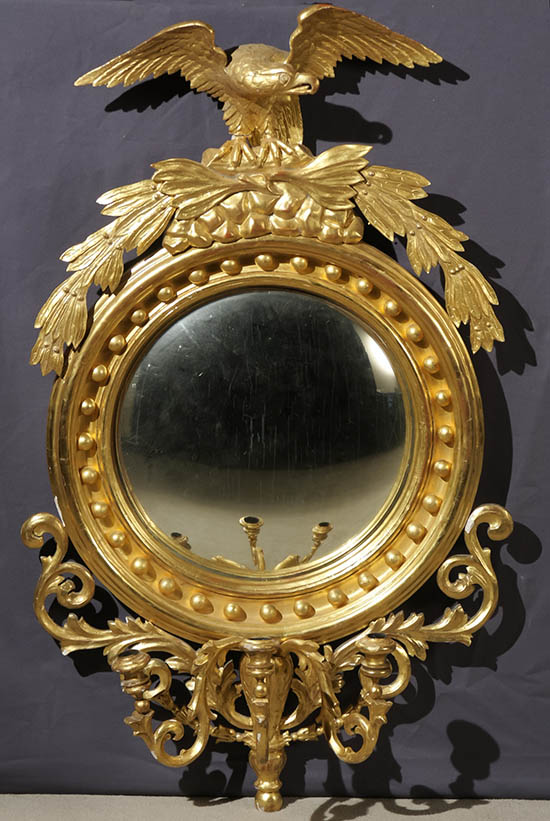 Appraisal: Regency Style Giltwood Three-Light Girandole Convex Mirror Circa Regilded with