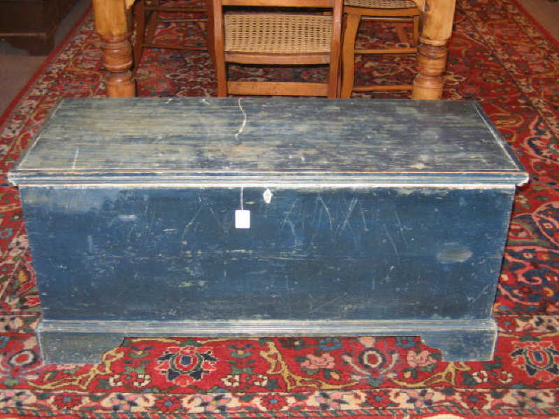 Appraisal: AMERICAN BLUE PAINTED PINE BLANKET CHEST Rectangular top opening to