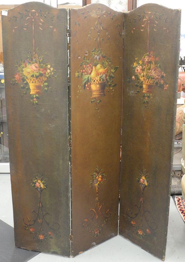 Appraisal: Three part oil on canvas folding screen printed with flowers