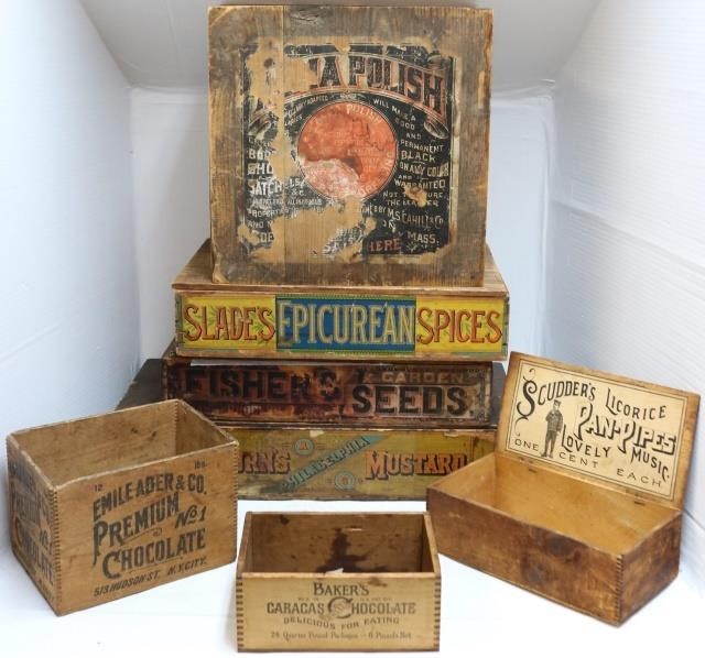 Appraisal: LOT OF WOODEN ADVERTISING BOXES CIRCA TOINCLUDE SLADE S EPICUREAN