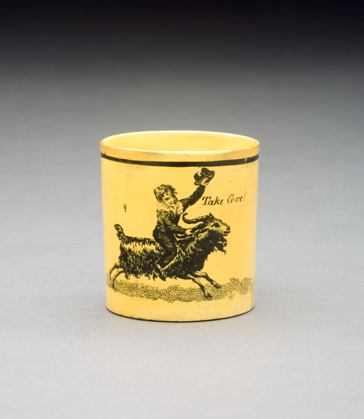 Appraisal: ENGLISH YELLOW-GLAZED BLACK TRANSFER-PRINTED CHILDREN'S MUG CIRCA - Inscribed quot