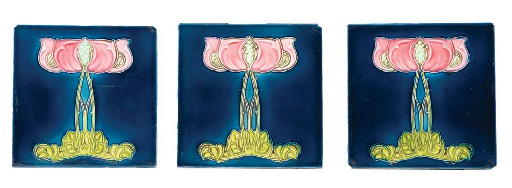 Appraisal: Three Art Nouveau Glazed Ceramic Tiles each with stylized floral